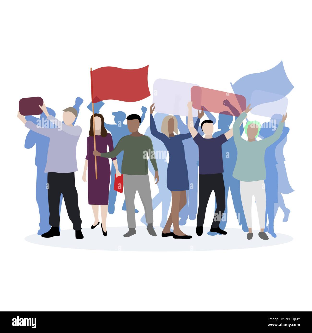Politischer marsch, der ihren Kandidaten unterstützt. Demonstration und Kundgebung, Charakter sozialen Mann und Frau mit Flagge und Aufruf, Streikposten Aktivisten Protest, Demo Stock Vektor