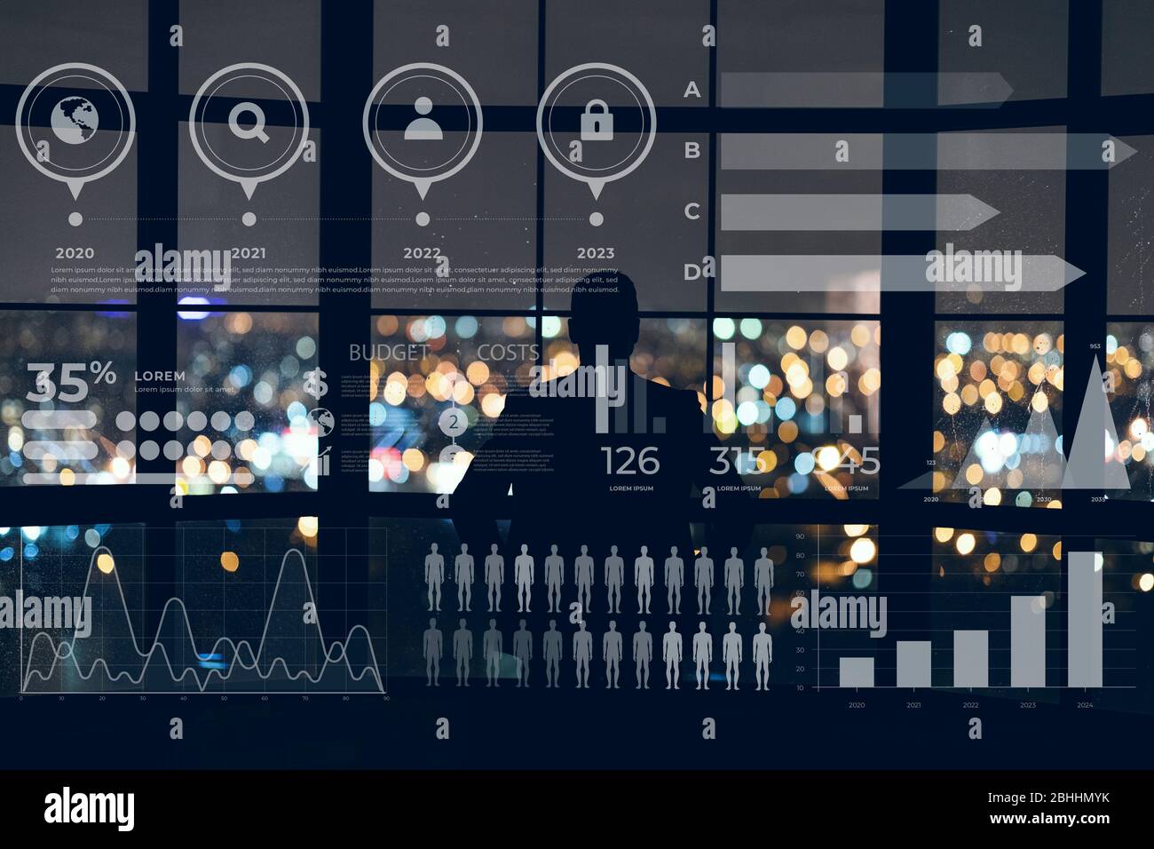 Geschäftsmann blickt aus dem Fenster auf die Stadt bei Nacht. Collage mit Grafiken Stockfoto
