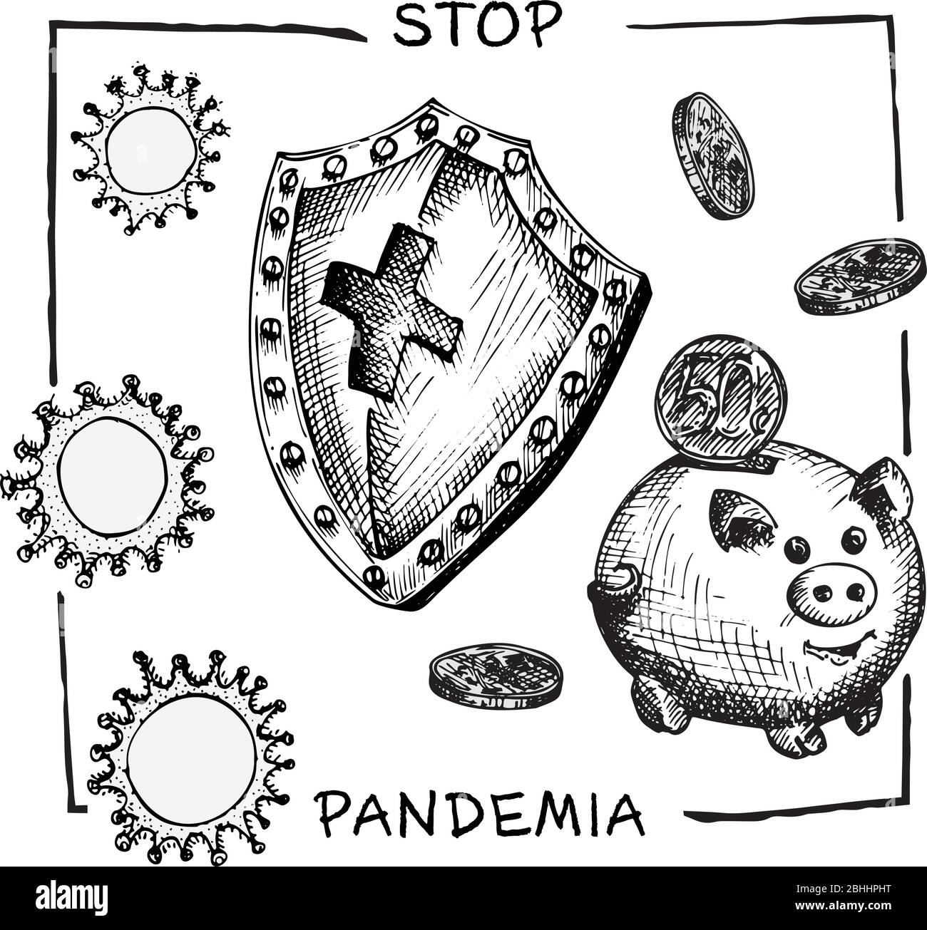 Design Konzept der wirtschaftlichen und finanziellen Informationen Agitationsposter gegen Coronavirus-Epidemie mit Text Stopp Pandämie Halten Sie Ihre Finanzen gesund Stock Vektor