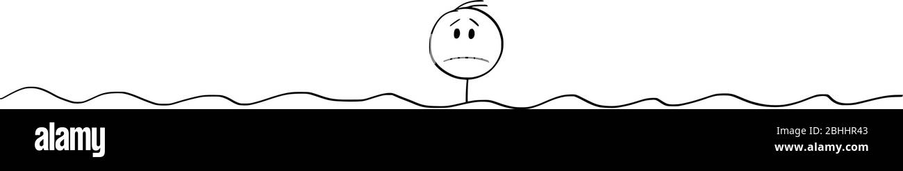 Vektor Cartoon Stick Figur Zeichnung konzeptionelle Illustration von unglücklichen einsamen Mann oder Geschäftsmann in Schwierigkeiten oder Problem Schwimmen allein im Wasser. Keine Hilfe, Konzept der Einsamkeit. Stock Vektor