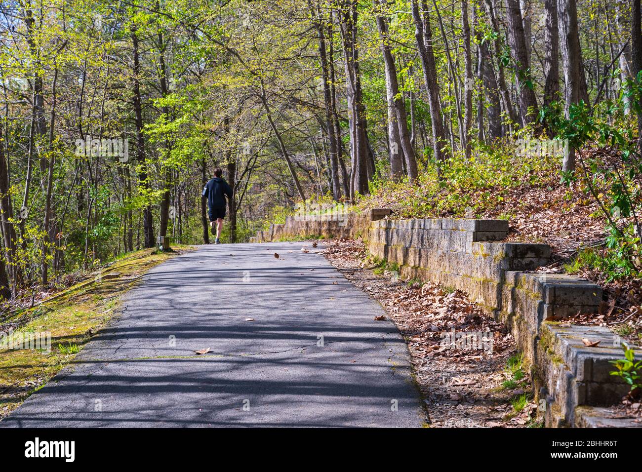 Reston, VA, USA -- 21. April 2020. Foto eines Mannes, der auf einem Wanderweg rund um den Audubon-See in Reston, VA joggt Stockfoto