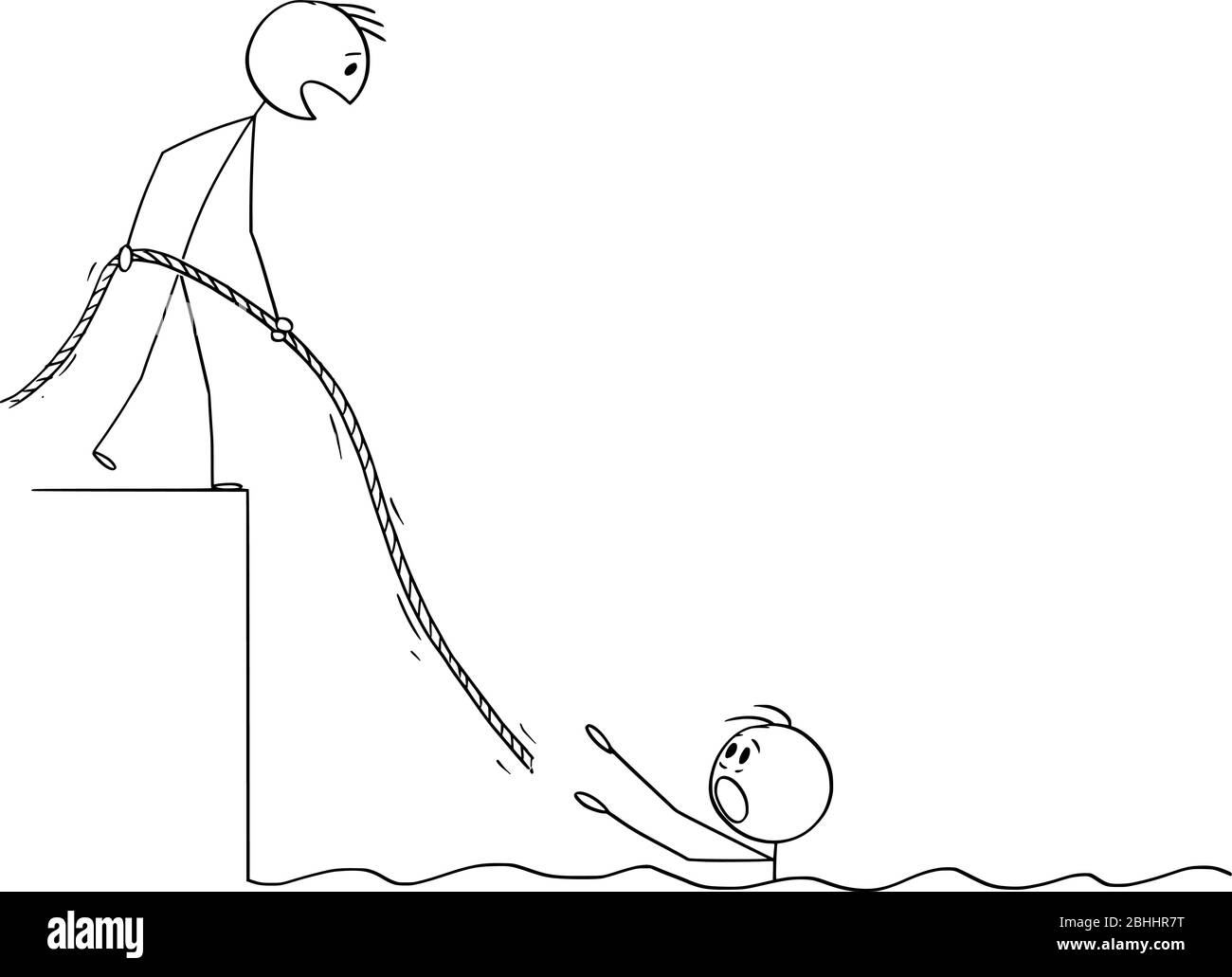 Vektor Cartoon Stick Figur Zeichnung konzeptionelle Illustration des Menschen im Wasser ertrinken, hilft ihm ein anderer Mann, indem er ihm Seil. Konzept der Teamarbeit, Versicherung oder Sozialversicherung. Stock Vektor