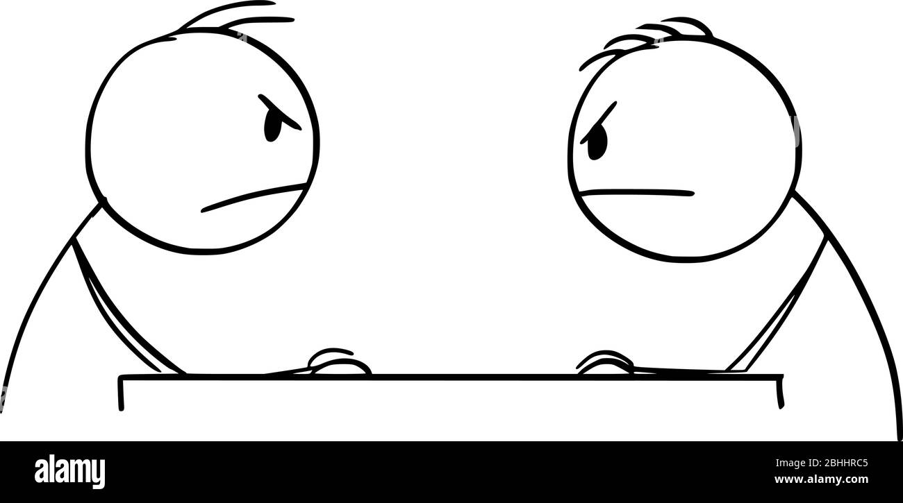 Vektor Cartoon Stick Figur Zeichnung konzeptionelle Illustration von zwei wütenden Männern oder Geschäftsleute sitzen am Tisch und einander zu beobachten. Diskussion oder Gespräch mit dem Gegner. Stock Vektor