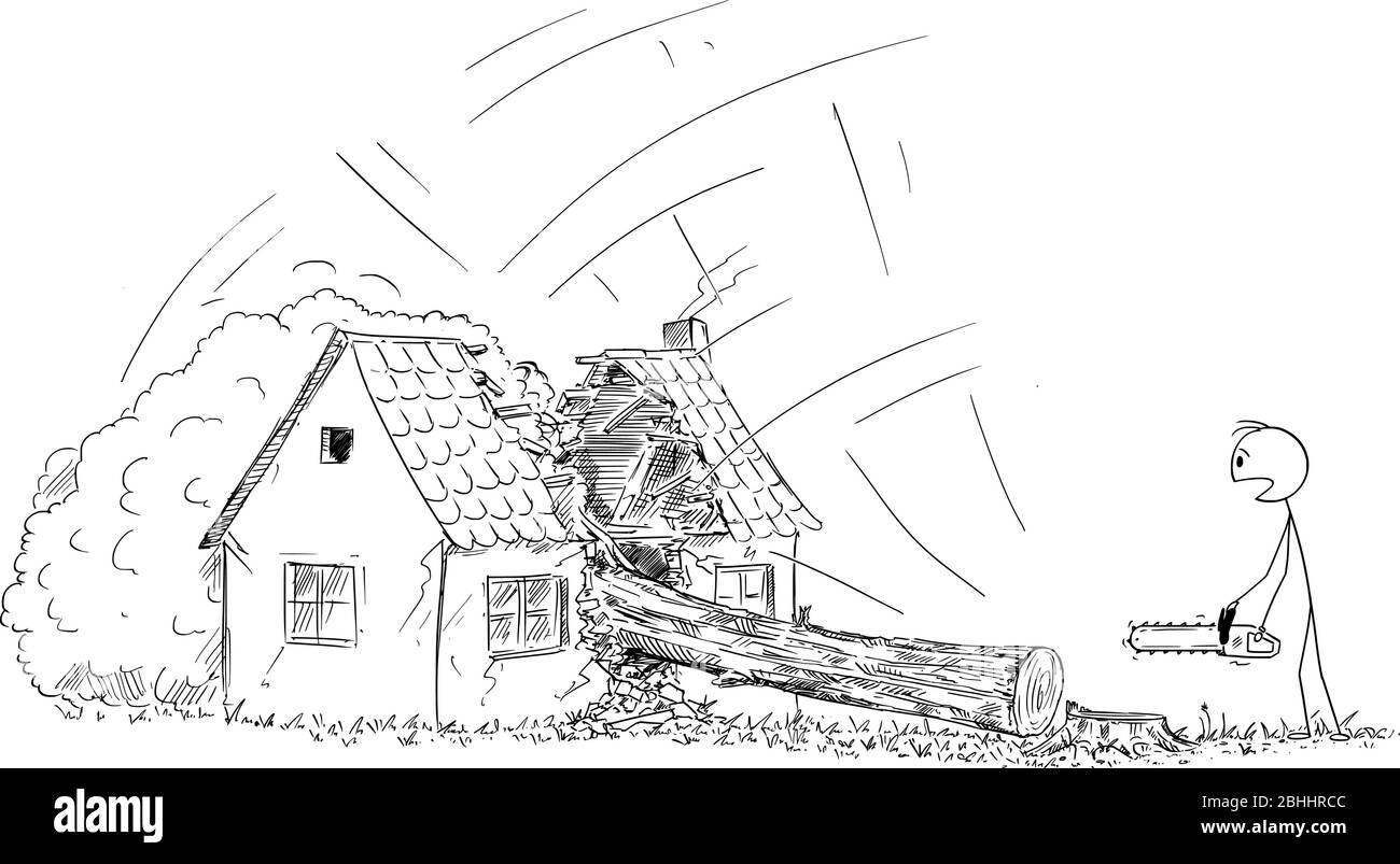 Vektor Cartoon Stick Figur Zeichnung konzeptionelle Illustration des Menschen mit Kettensäge oder Holzfäller, der den Baum geschnitten und beobachtet ihn fallen auf das Haus. Konzept der DIY oder tun Sie es selbst und Sachversicherung. Stock Vektor