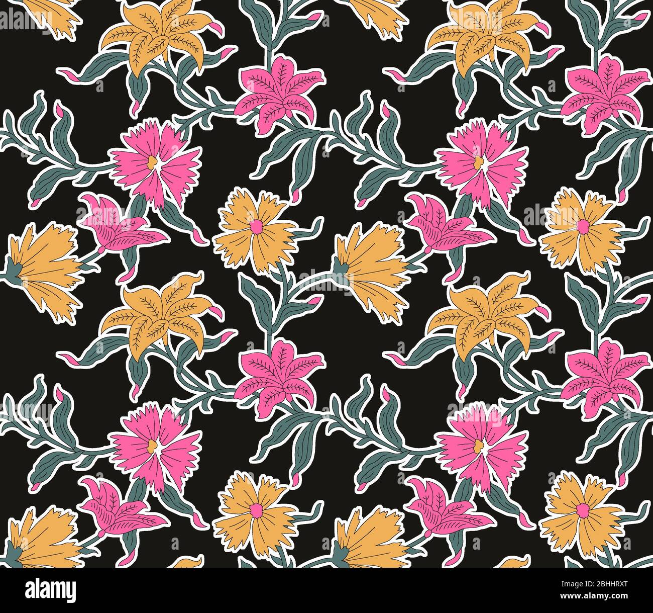 Nahtlose florale Design mit schwarzem Hintergrund Stockfoto