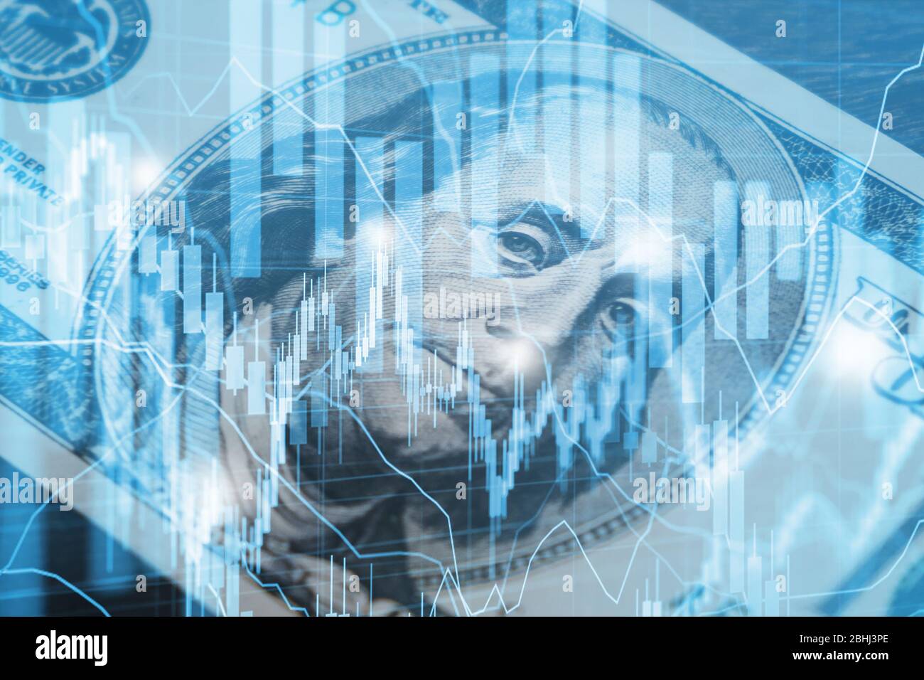 Hundert Dollar Bill und Aktienmarkt Charts - USD Geld und Währung Trading Konzept Stockfoto