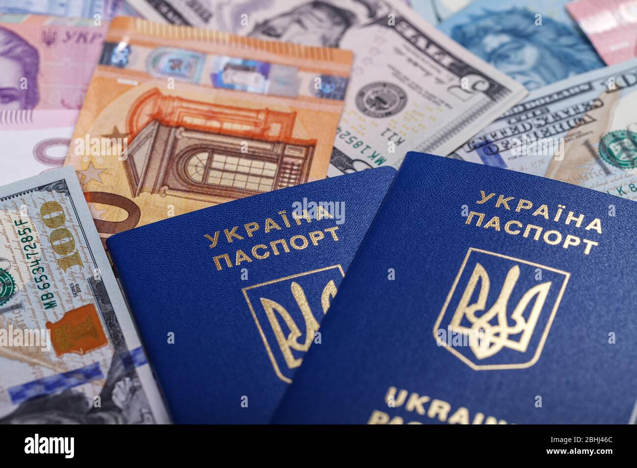 Zwei ukrainische biometrische Pässe liegen vor dem Hintergrund von Währungen aus verschiedenen Ländern der Welt, Euro, Dollar, Griwnja, Forint. Der Stockfoto