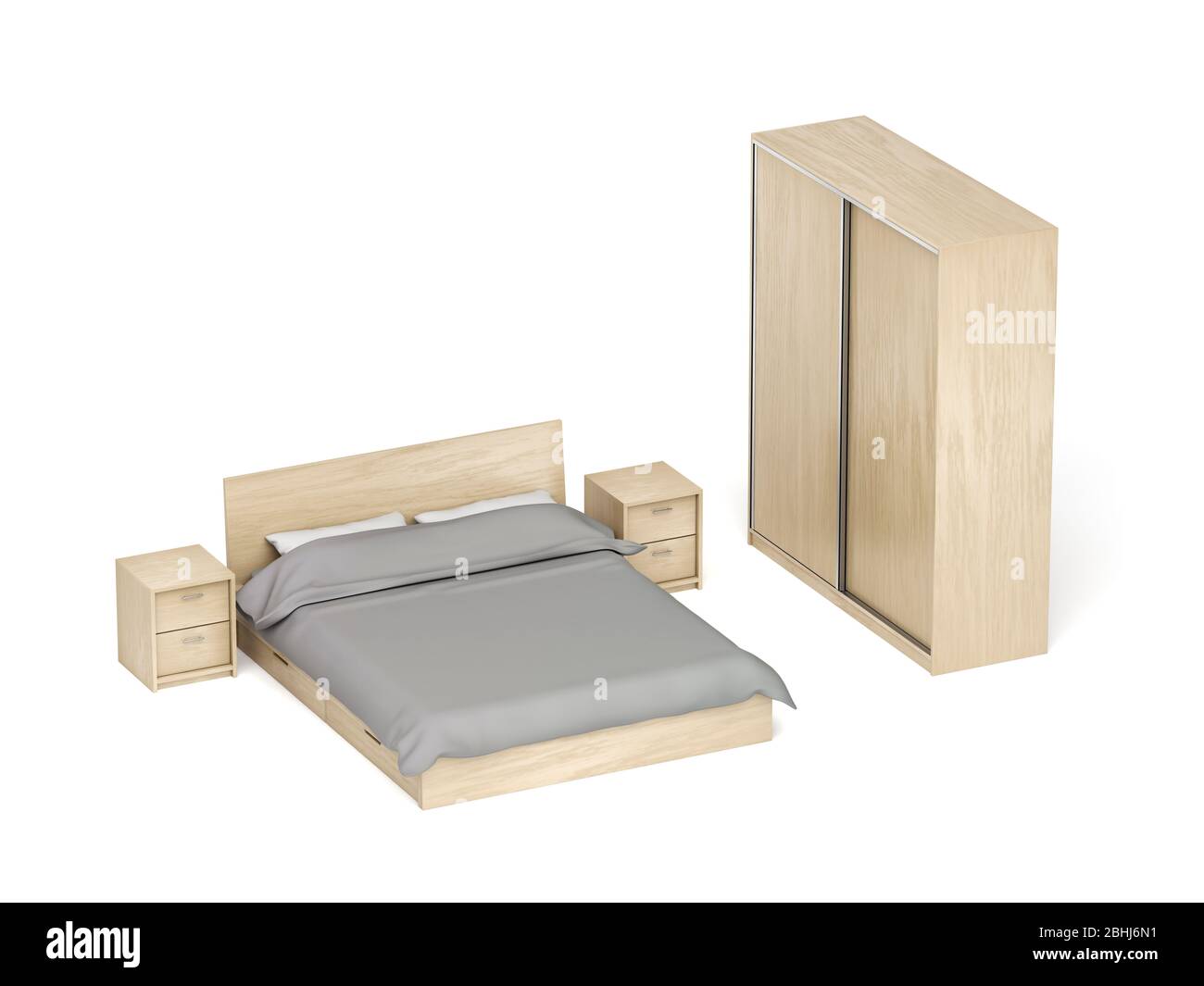 Holzmöbel für Schlafzimmer auf weißem Hintergrund. Bett, Nachttische und  Kleiderschrank mit Schiebetisch Stockfotografie - Alamy