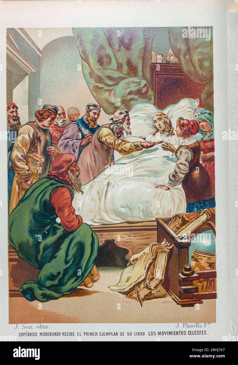Nicolaus Copernicus [Copernico] auf seinem Sterbebett erhält eine Kopie seines Buches "über die Revolutionen der himmlischen Sphären" aus dem Buch La ciencia y sus hombres : vidas de los sabios ilustres desde la antigüedad hasta el siglo XIX T. 2 [Wissenschaft und ihre Männer: Leben der berühmten Weisen von der Antike bis zum 19. Jahrhundert Vol. 2] von Figuier, Louis, (1819-1894); Casabó y Pagés, Pelegrín, n. 1831 Veröffentlicht in Barcelona von D. Jaime Seix, Herausgeber, 1879 (Imprenta de Baseda y Giró) Stockfoto