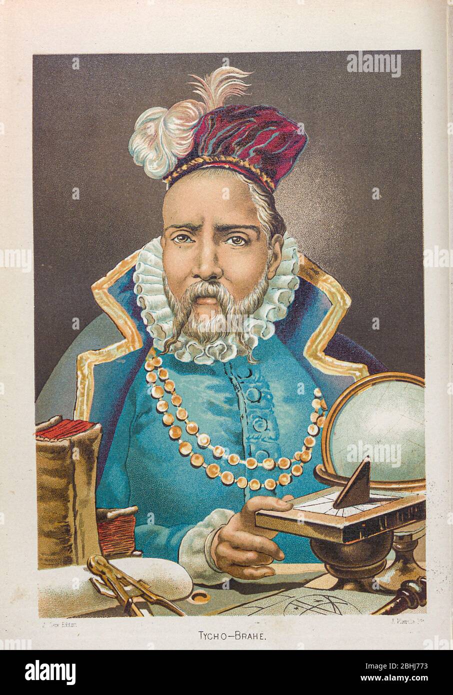 Tycho Brahe (geb. Tyge Ottesen Brahe; 14. Dezember 1546 – 24. Oktober 1601) war ein dänischer Adliger, Astronom, Astrologe, Alchemist und Schriftsteller aus dem Buch La ciencia y sus hombres : vidas de los sabios ilustres desde la antigüedad hasta el siglo XIX T. 2 [Wissenschaft und ihre Männer: Leben der berühmten Weisen von der Antike bis zum 19. Jahrhundert Vol. 2] von Figuier, Louis, (1819-1894); Casabó y Pagés, Pelegrín, n. 1831 Veröffentlicht in Barcelona von D. Jaime Seix, Herausgeber, 1879 (Imprenta de Baseda y Giró) Stockfoto