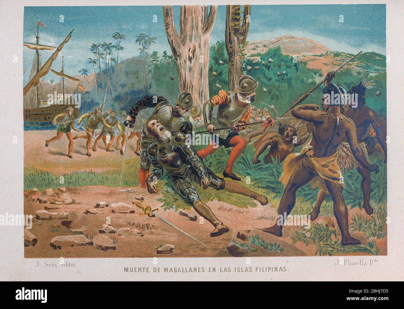 Ferdinand Magellan [Fernando de Magallanes] (1480. – 27. April 1521) war ein portugiesischer Forscher, der die spanische Expedition nach Ostindien von 1519 bis 1522 organisierte und zur ersten Umrundung der Erde führte, die Juan Sebastián Elcano nach Magallans Tod auf den Philippinen vollendete. Aus dem Buch La ciencia y sus hombres : vidas de los sabios ilustres desde la antigüedad hasta el siglo XIX T. 2 [Wissenschaft und ihre Männer: Leben der illustren Weisen von der Antike bis zum 19. Jahrhundert Vol 2] von von Figuier, Louis, (1819-1894); Casabó y Pagés, Pelegrín, n. 1831 Veröffentlicht i Stockfoto