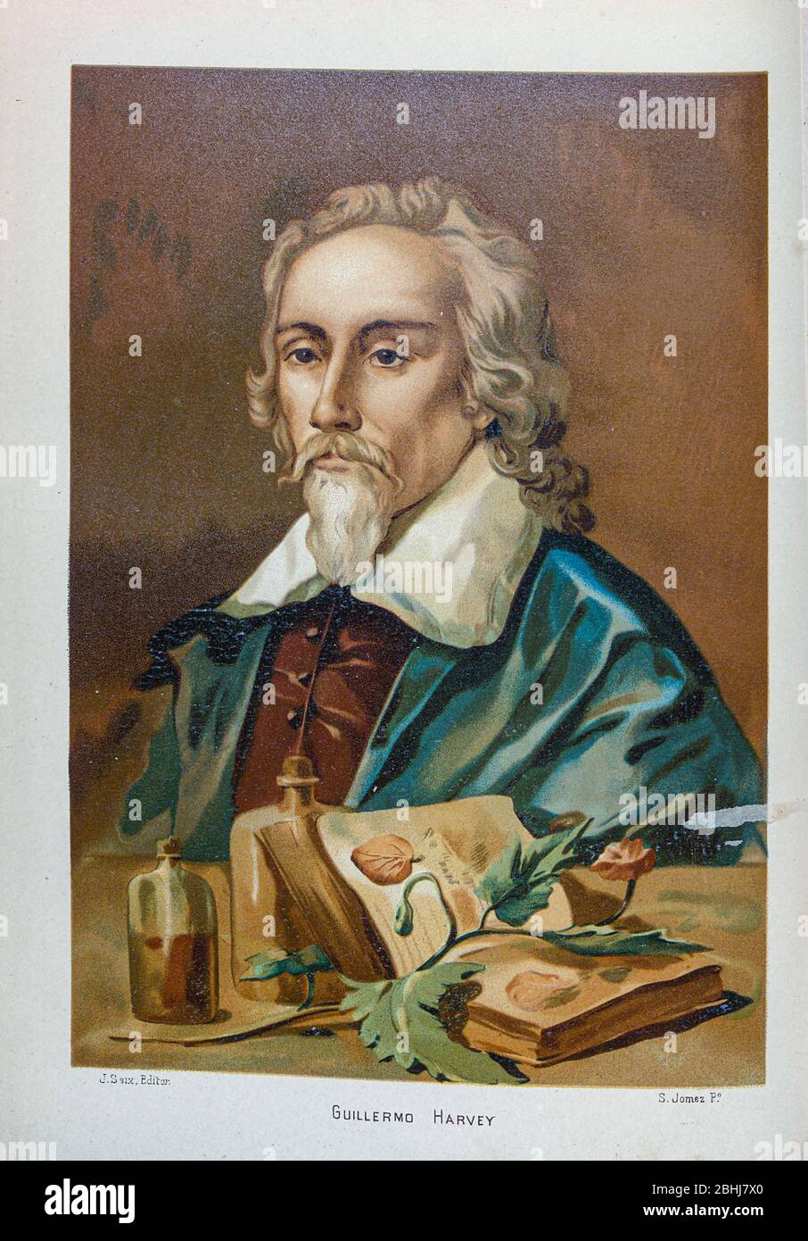 William Harvey [Guillermo Harvey] (1. April 1578 – 3. Juni 1657) war ein englischer Arzt, der einflussreiche Beiträge in Anatomie und Physiologie leistete. Er war der erste bekannte Arzt, der vollständig und im Detail die systemische Zirkulation und die Eigenschaften des Blutes, das zum Gehirn und zum Rest des Körpers durch das Herz gepumpt wird, aus dem Buch La ciencia y sus hombres beschrieb: vidas de los sabios ilustres desde la antigüedad hasta el siglo XIX T. 2 [Wissenschaft und ihre Männer: Leben der illustren Weisen von der Antike bis zum 19. Jahrhundert Vol 2] von von Figuier, Louis, (1819-1894); Casabó y Pagés, Pel Stockfoto