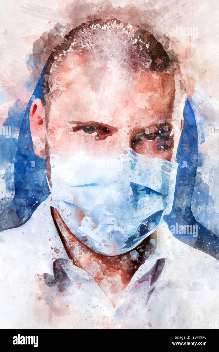 Digital Aquarell Malerei Nahaufnahme Porträt von kaukasischen zuversichtlich, männlichen Arzt Gesicht trägt blaue Maske Blick auf Kamera. Digital verändertes Foto Stockfoto