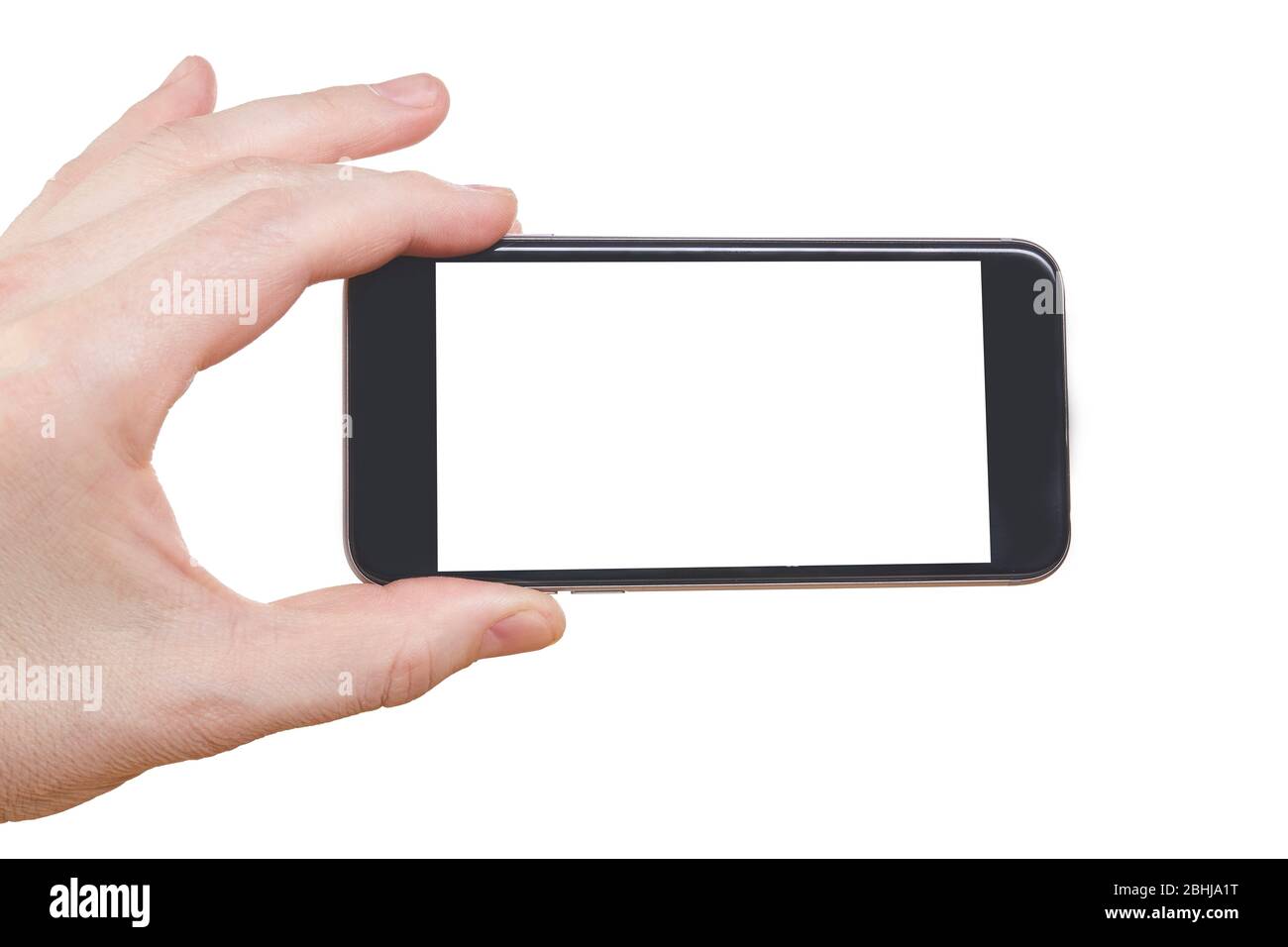 Menschliche Hand hält leere große Handy-Smartphone isoliert auf weißem Hintergrund. Stockfoto