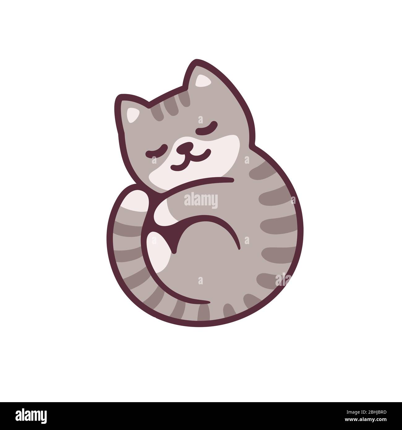 Nette Cartoon grau tabby Katze schlafen in gekräuselte Position. Entzückende kawaii Kitty Zeichnung. Isolierte Vektorgrafik Illustration. Stock Vektor