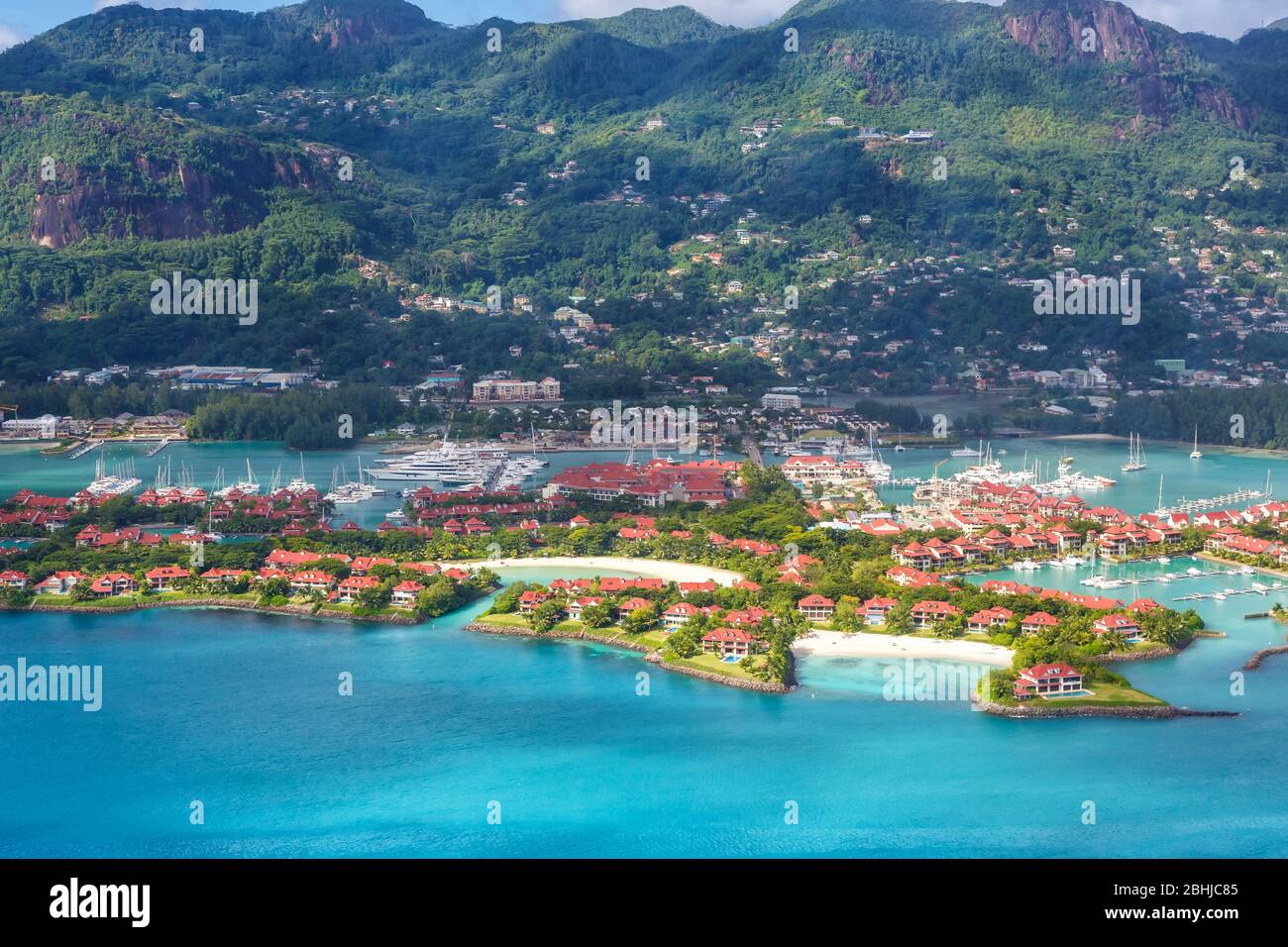 Seychellen Eden Island Strand Mahe Urlaub Paradies Meer Luftaufnahme Reise Stockfoto