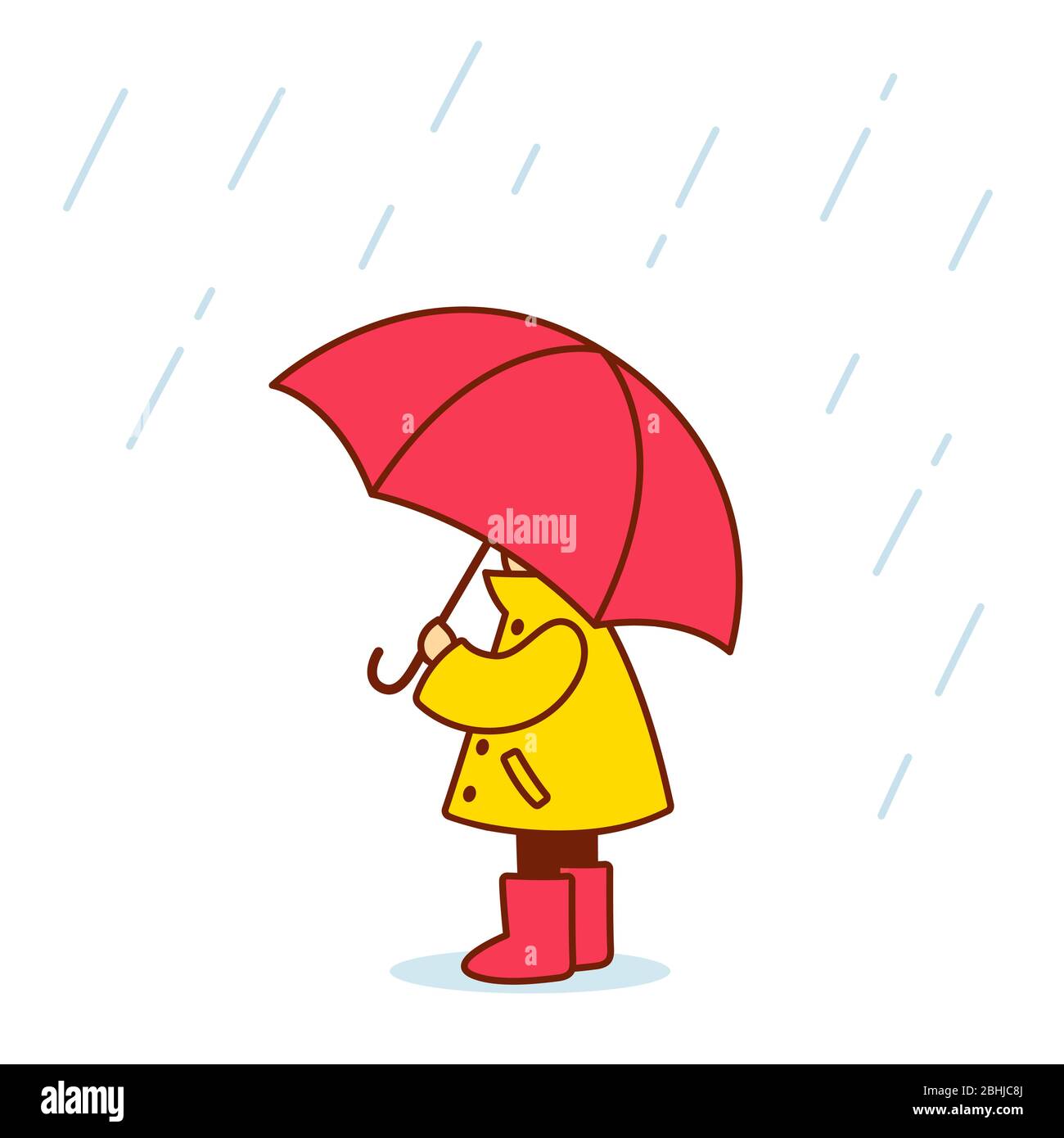 Kleines Kind mit Regenschirm im Regenmantel und Regenstiefeln. Nette und einfache Cartoon-Vektor-Illustration. Stock Vektor