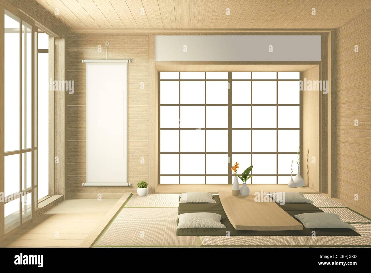 Tropisches Interieur mit Sofa für Wohnzimmer im japanischen Stil. 3D-Rendering Stockfoto