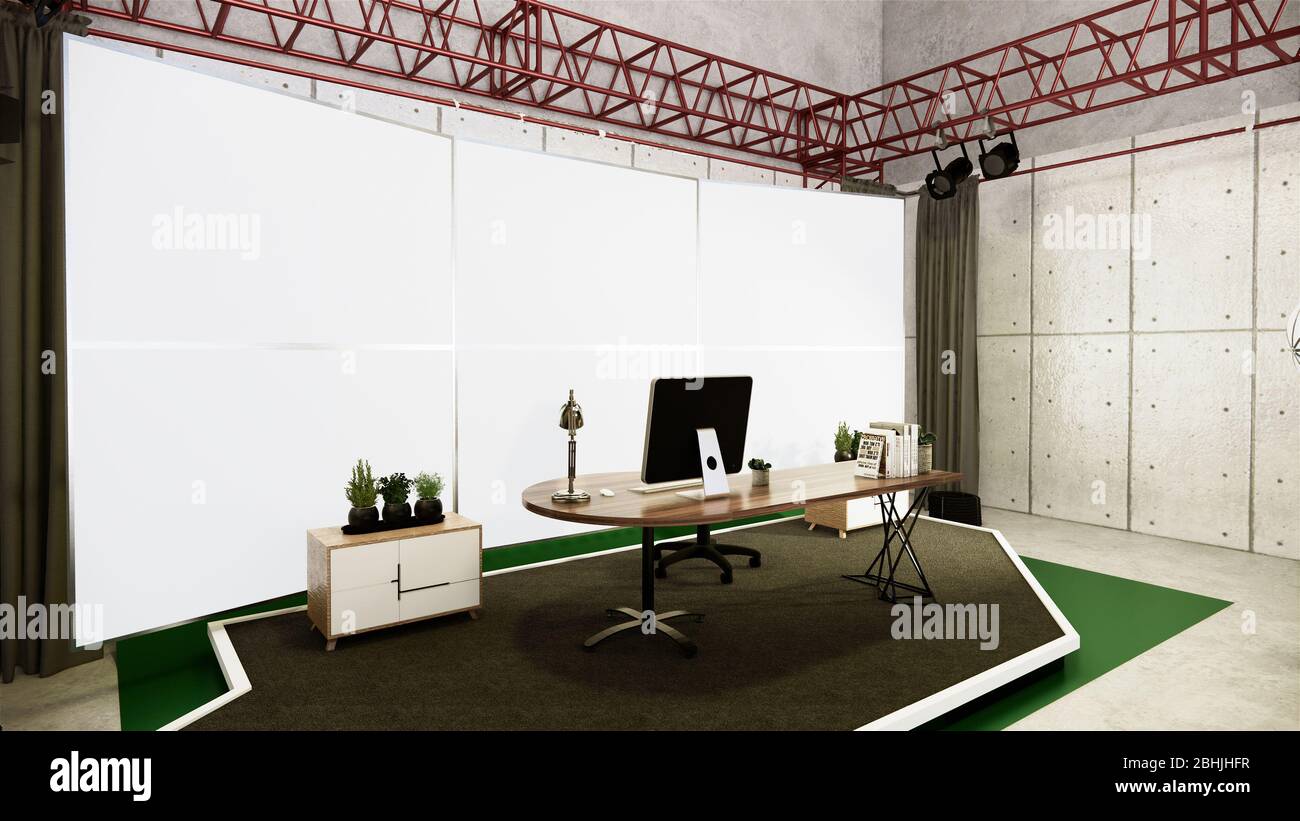 Studio - modernes Filmstudio mit weißer Leinwand. 3D-Rendering Stockfoto