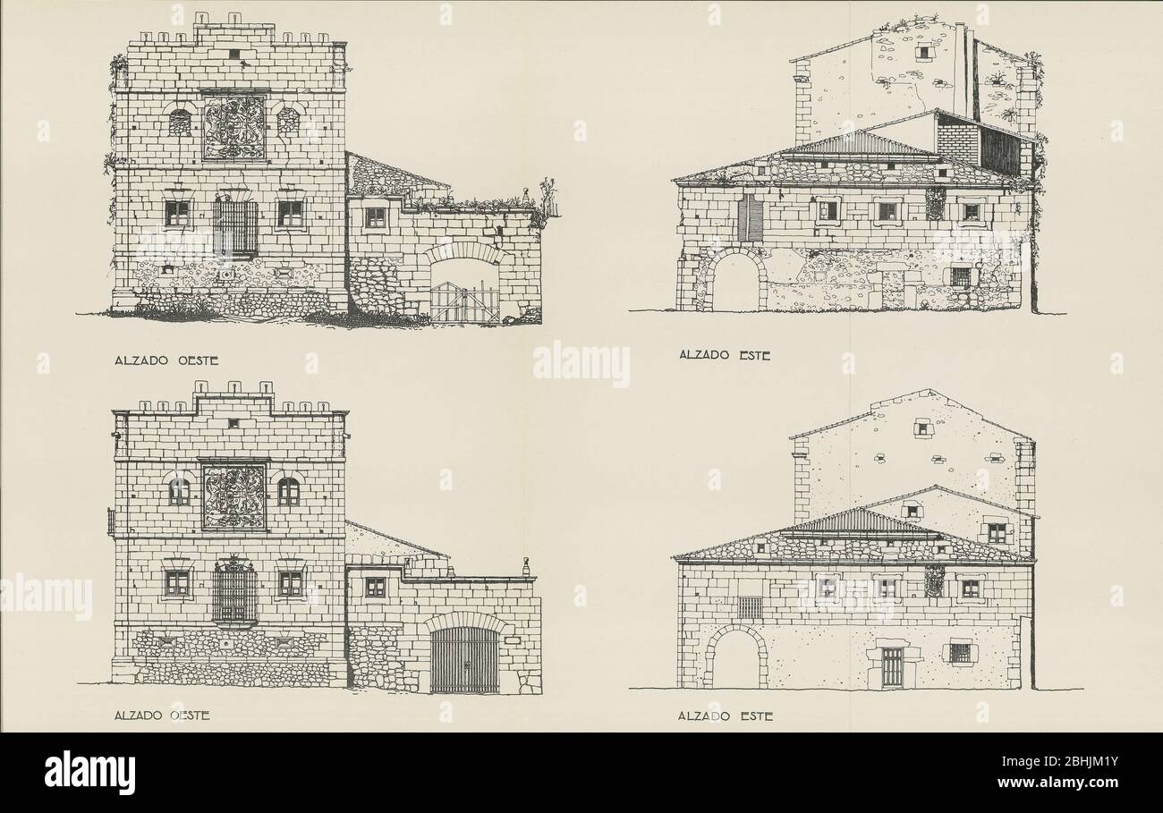 PLANO DE LOS ALZADOS DE LA DE LA TORRE DE LA BELTRANEJA EN QUEVEVEDA (SANTILLANA DEL MAR) RESTAURADA PARA ALBERGAR EL MUSEO SOLANA EN LOS AÑOS 70. Stockfoto