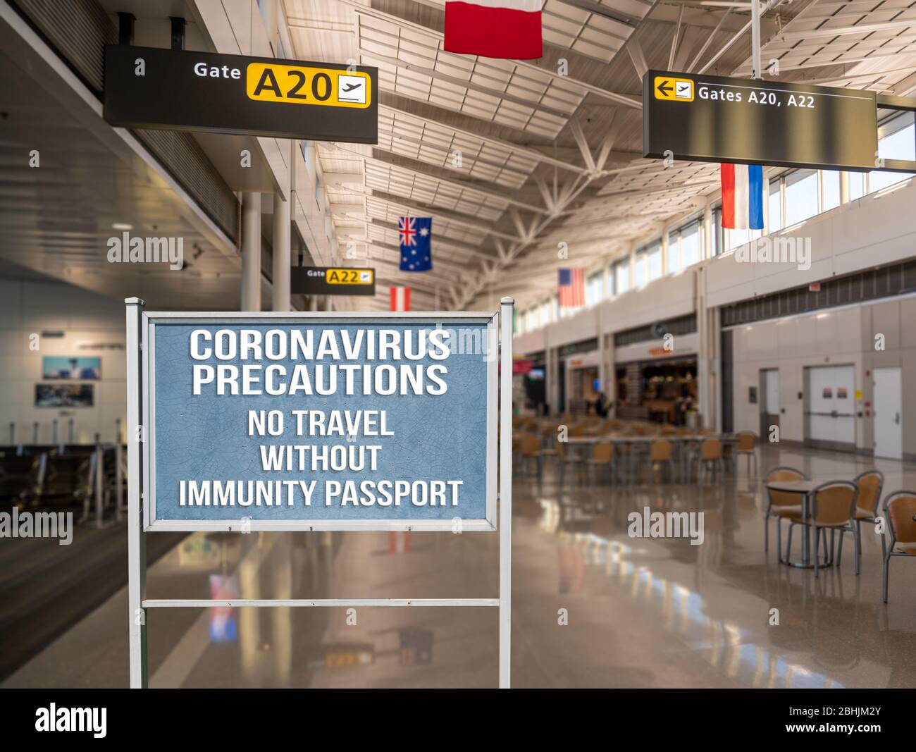 Konzept der Mitteilung über die Verwendung Immunitätsbescheinigung oder Reisepass, um durch den Flughafen wegen Coronavirus reisen Stockfoto