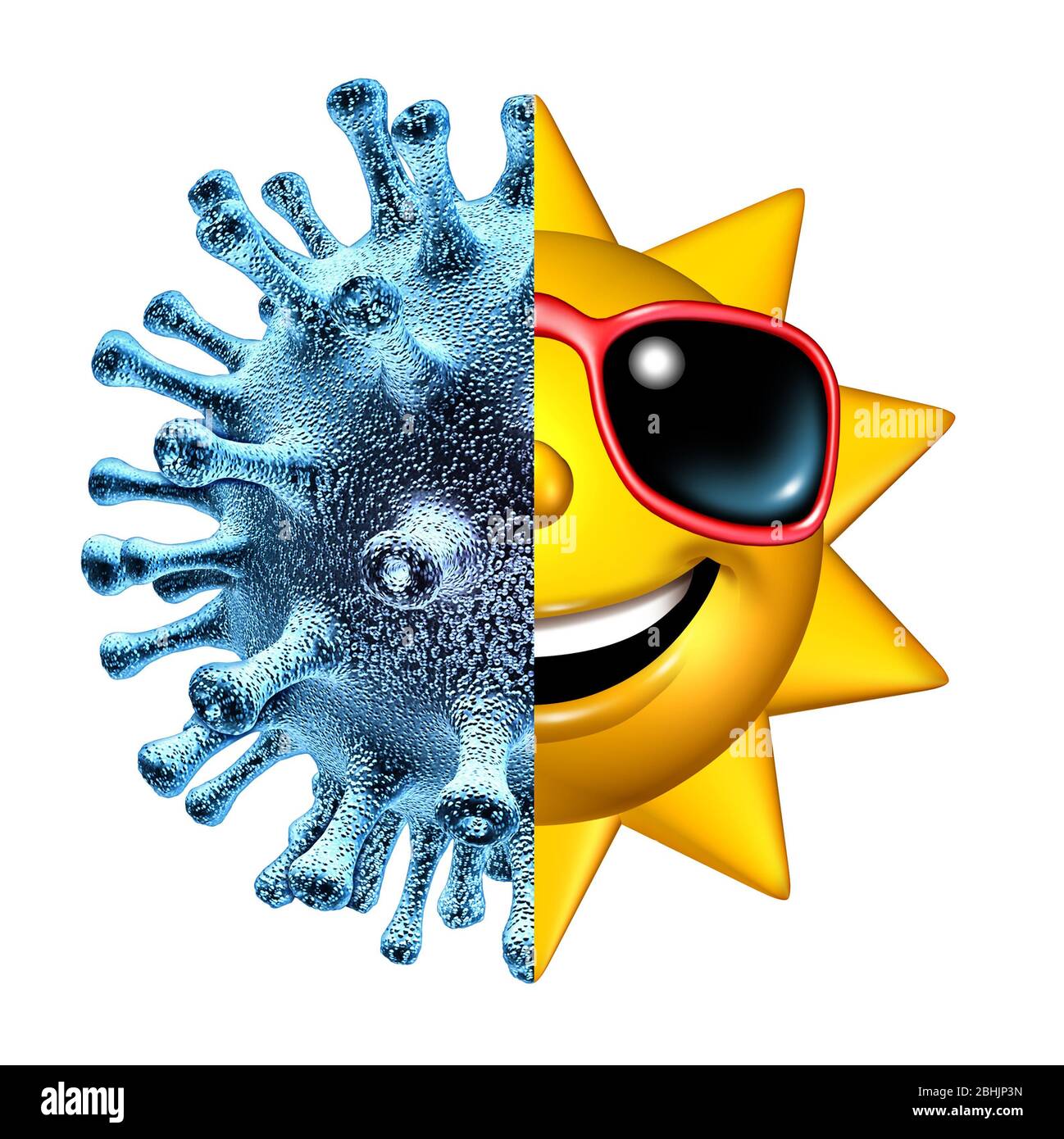 Krankheit und Genesung als Symbol für Gesundheit und Gesundheit zur Genesung von einer ansteckenden Krankheit wie Coronavirus oder Covid-19 und Influenza-Virus-Infektion. Stockfoto