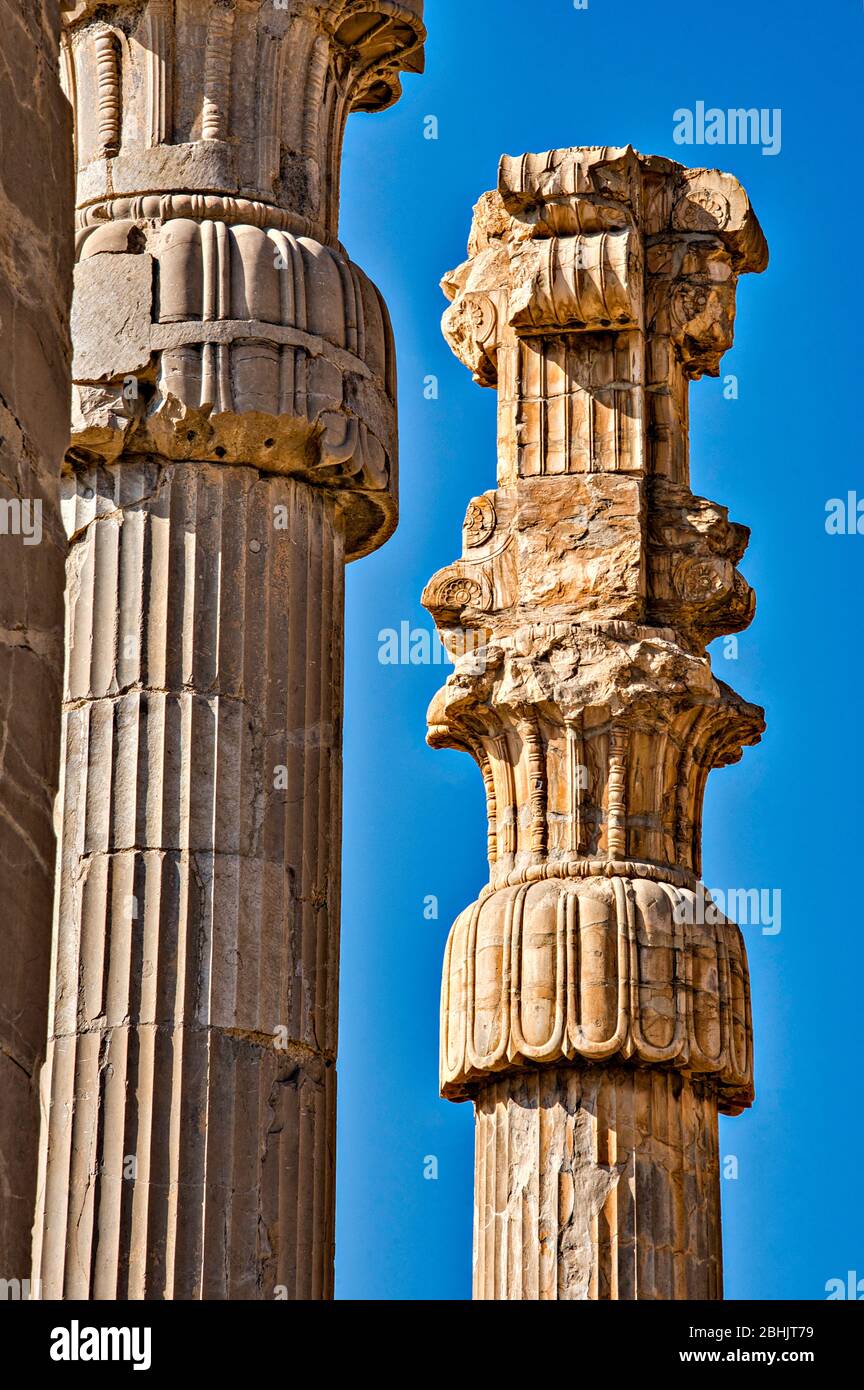 Detail der Säulen im Tor aller Nationen, Persepolis, Iran. Stockfoto