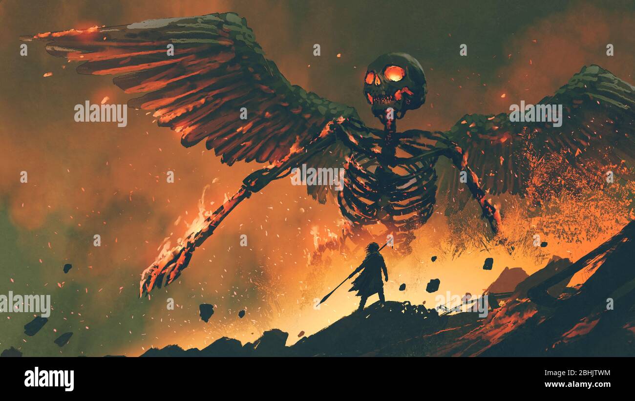 Mann mit seinem Speer das riesige Skelett aus der Hölle aufwecken, digitale Kunst Stil, Illustration Malerei Stockfoto