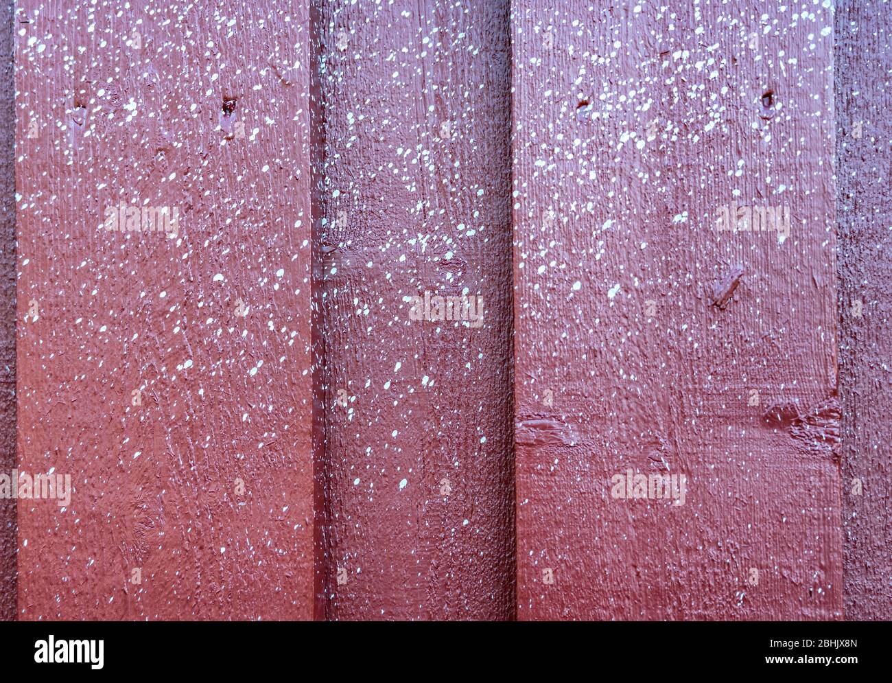 Nahaufnahme von mehreren kleinen weißen Flecken weißer Farbe, die versehentlich auf die rote Holzwand gesprüht wurden. Stockfoto