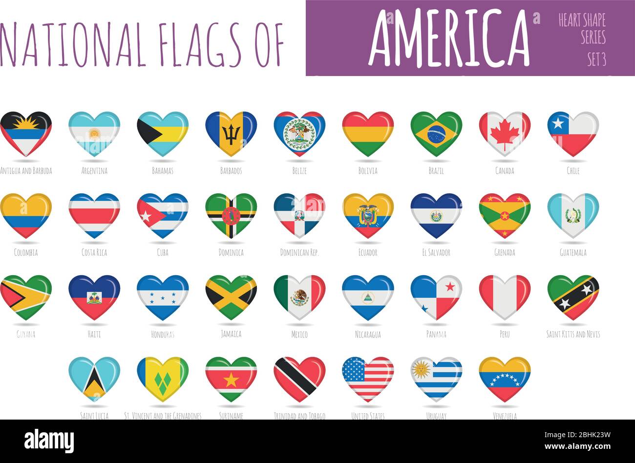 Set von 35 herzförmigen Flaggen der Länder Amerikas. Symbol Set Vektor Illustration. Stock Vektor