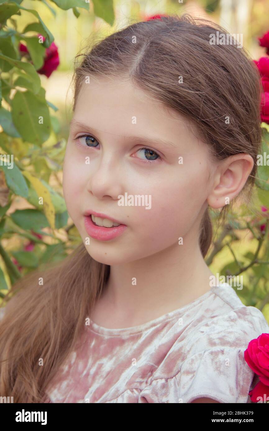 Ein frisches Porträt eines hübschen Mädchens in einem Rosengarten Stockfoto