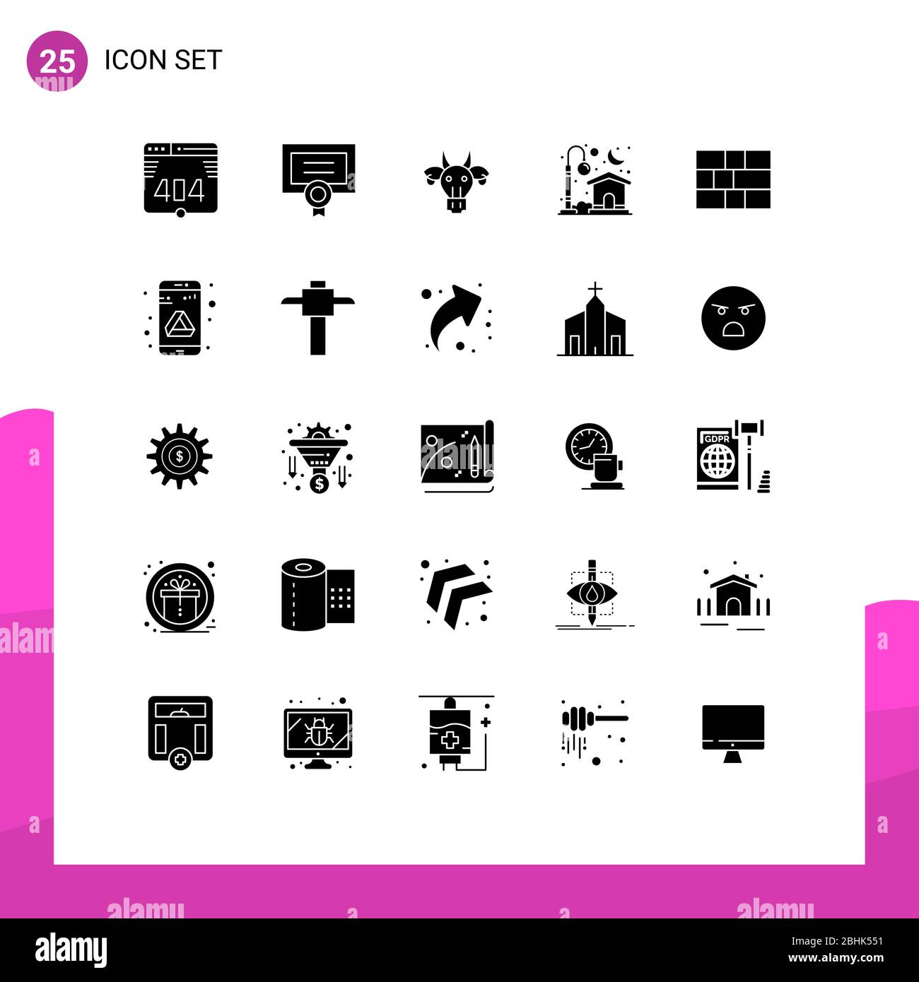 25 Universal Solid Glyph Zeichen Symbole des Schutzes, Mond, Tiere, Licht, Haus editierbar Vektor Design Elemente Stock Vektor
