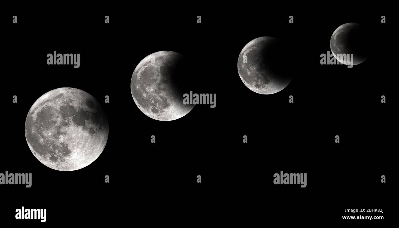 Vier Schritte der Mondfinsternis, Mondfinsternis, Hintergrund Stockfoto