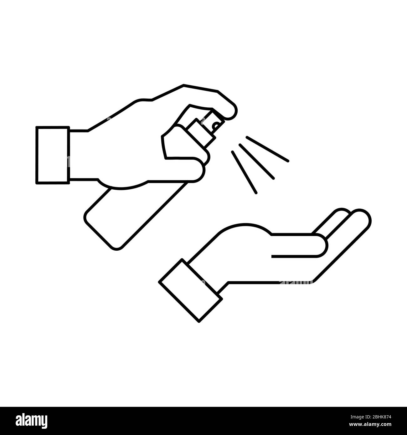 Symbol für die Desinfektionslinie der Handsprühflasche. Symbol für Händedesinfektion. Schwarze Umrandung auf weißem Hintergrund. Antiseptisches Produkt . Vektor, Clip Art. Stock Vektor