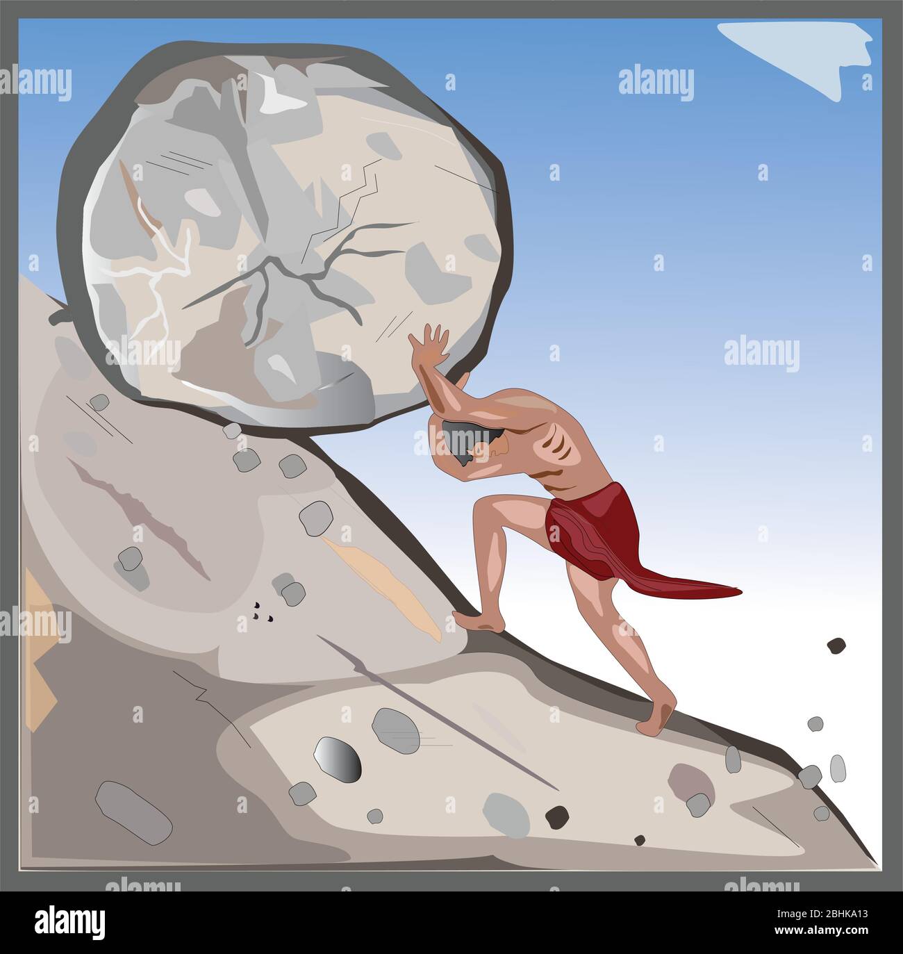 Sisyphus ein muskulöser mythischer Mann schiebt einen großen Felsen oder großen Stein bergauf Stock Vektor