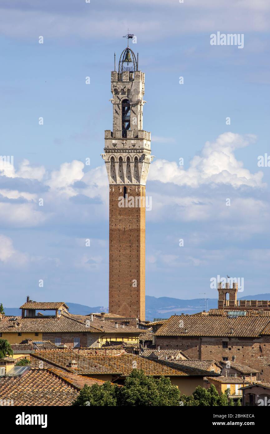 Blick auf den Torre del Mangia von der Festung Medicea, Siena - Italien Stockfoto