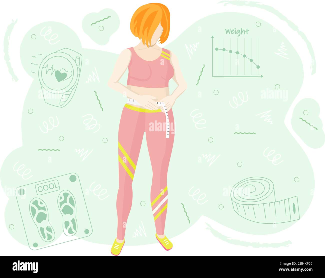 Vektor-Illustration eines Kaugummis, das Gewicht zu verlieren. Das Mädchen misst die Größe der Taille. Richtige Ernährung und Gewichtsverlust. Stock Vektor