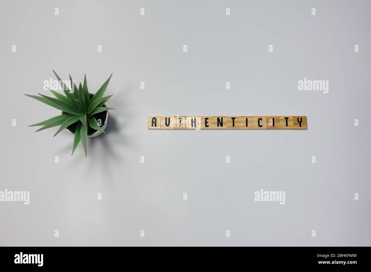 Das Wort Authentizität geschrieben in hölzernen Buchstaben Fliesen auf einem weißen Hintergrund. Konzept Sicherheit, Identifikation und Technologie. Stockfoto