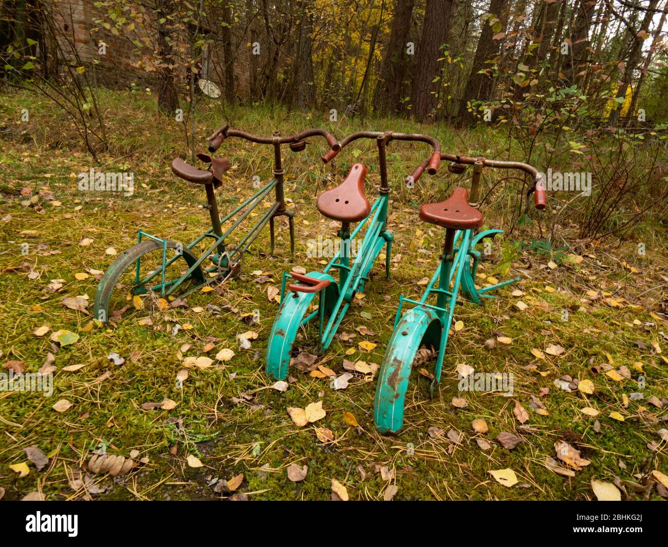 Verlassene Wohngegend von der Natur eingenommen. Übrig geblieben Fahrräder. Tschernobyl-Ausschlusszone. Ukraine Stockfoto
