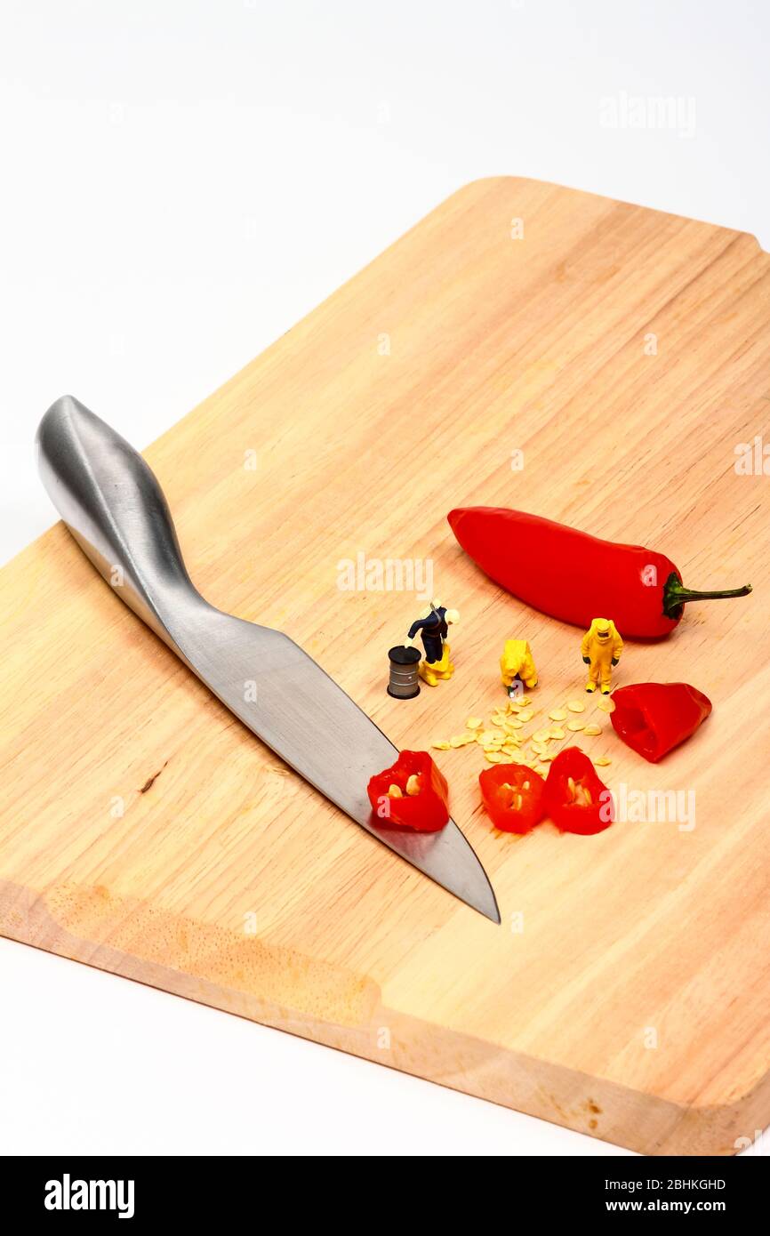 Food Konzept der Miniatur Figur Menschen tragen Hasmat Anzüge Inspektion rote Chili-Paprika Stockfoto