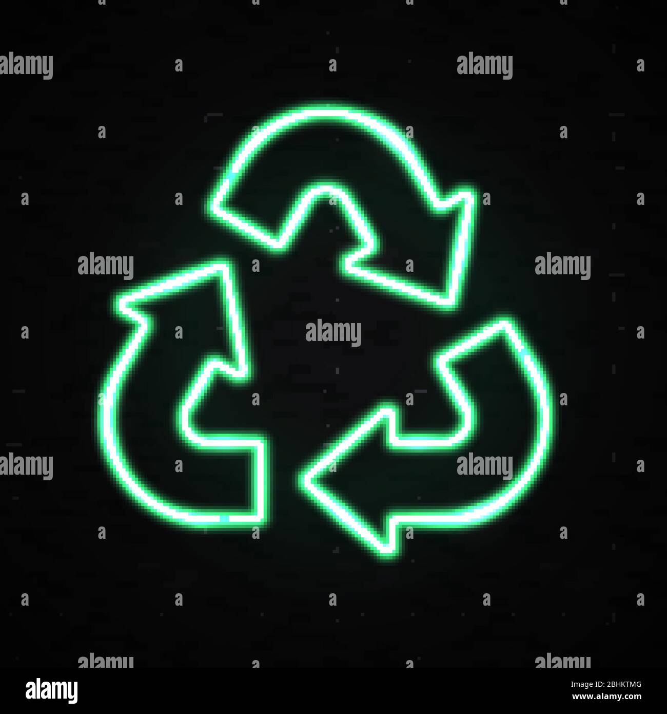 Neon Licht Öko Recycling Symbol oder Zeichen der Erhaltung grüne Symbol auf schwarzem Backstein Hintergrund isoliert. Glühender Dreieckpfeil zur Wiederverwendung von Recycling. Helles ec Stock Vektor