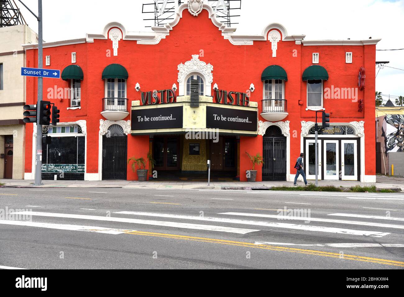 Los Angeles, CA/USA - 19. April 2020: Fortsetzung folgt auf historischem Vista Theater während der COVID-19 Quarantäne Stockfoto