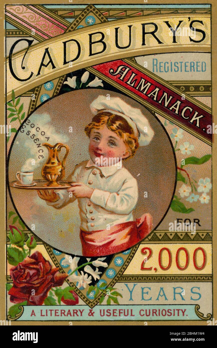 Cadbury's almanack for 2,000 years - A literary & useful Curiosity - Print zeigt einen jungen Jungen, der als Koch gekleidet ist und ein Tablett trägt, auf dem ein dampfender Abwasserkanal und eine Tasse 'Kakao-Essenz' stehen - 1885 Stockfoto