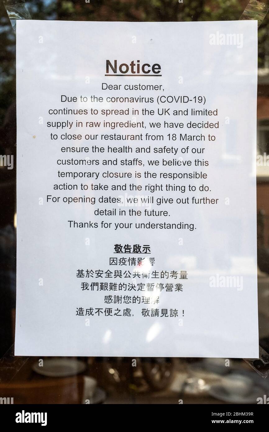 Anmelden Restaurant während Covid-19 Pandemic, London, Großbritannien geschlossen Stockfoto