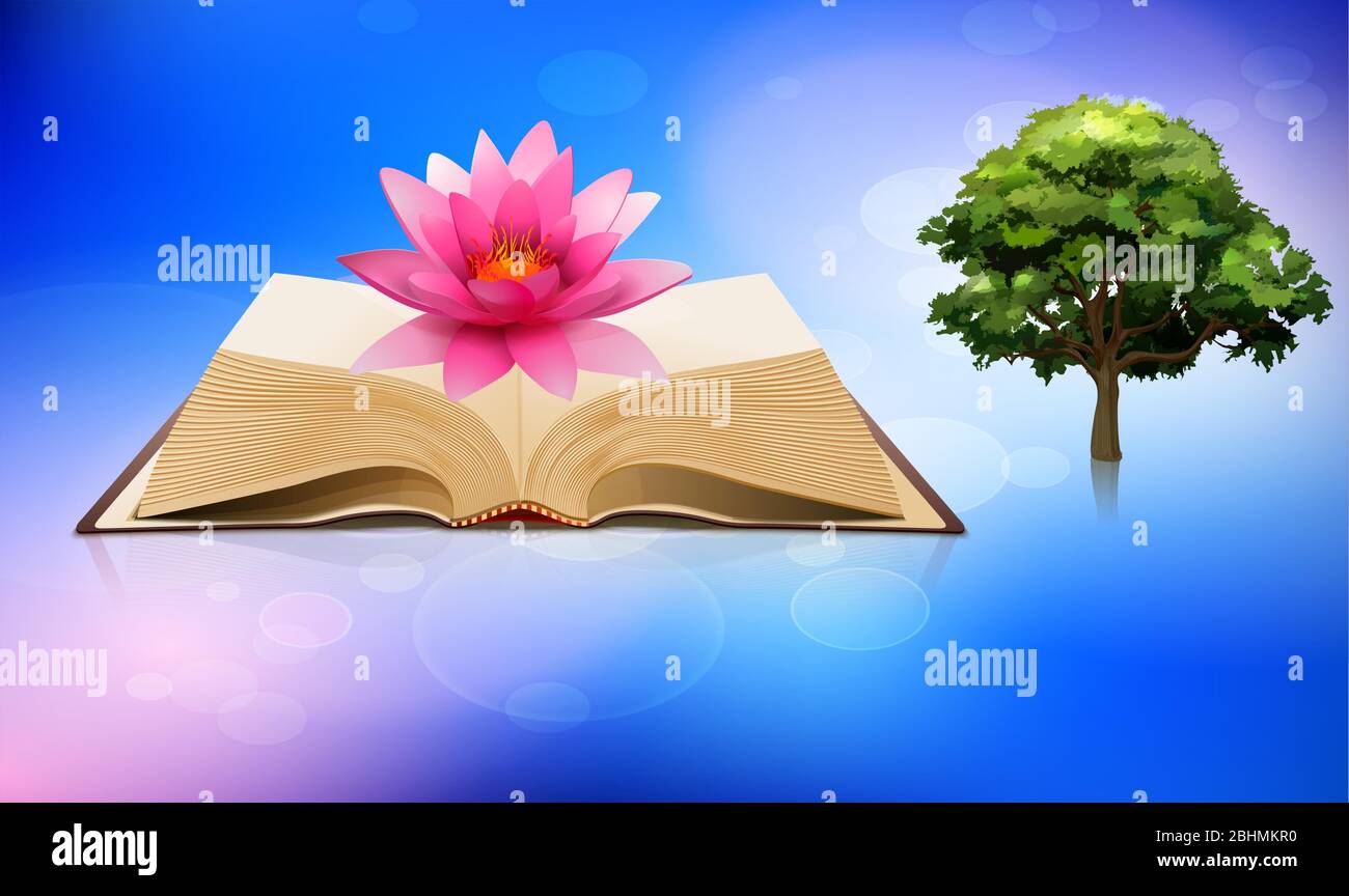 Altes Religionbuch enthält Lotusblume und Baum auf abstraktem Himmel Hintergrund Stock Vektor