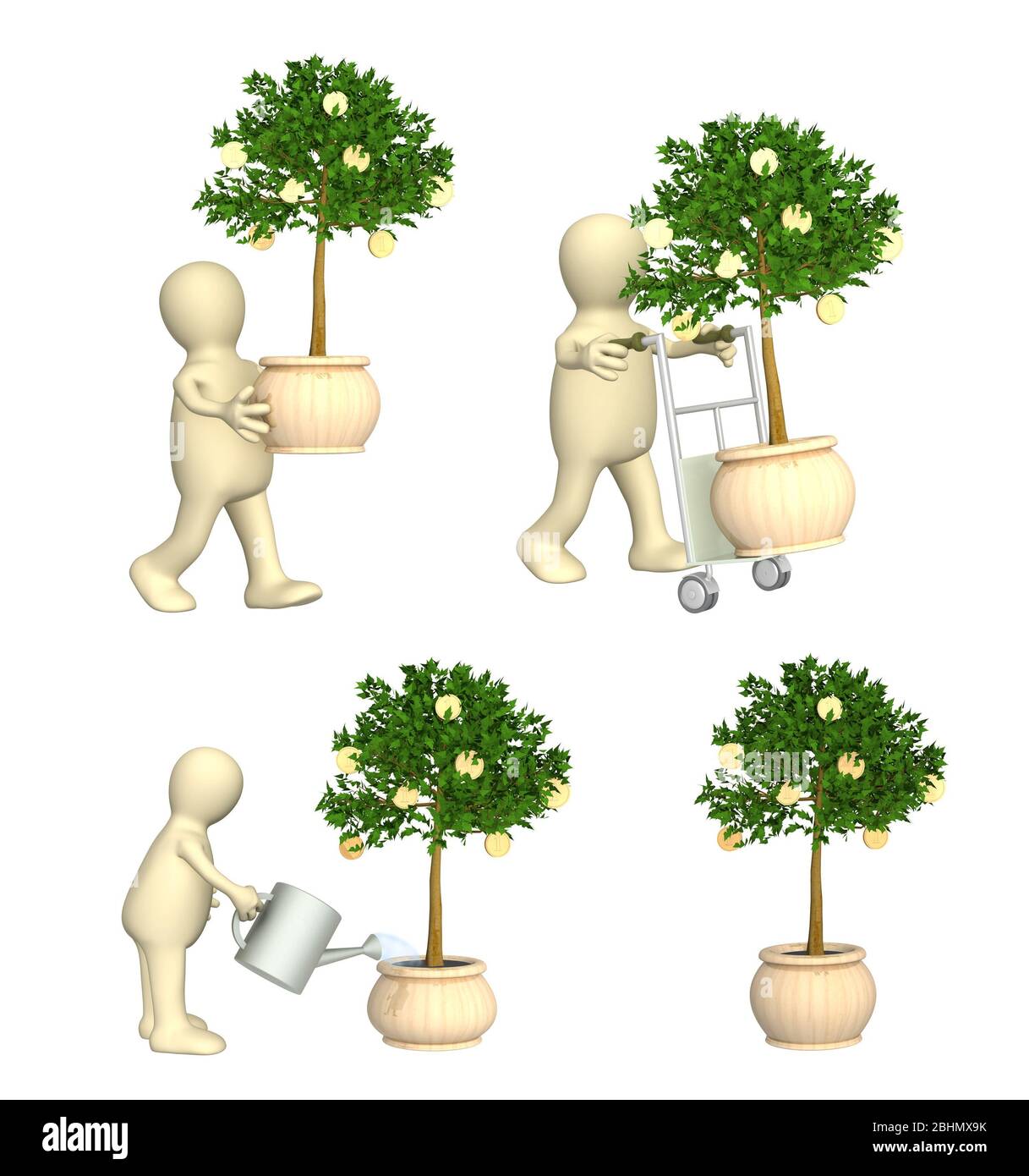 Wohlstand, finanzieller Wohlstand und Erfolgskonzept. 3d-Mann mit Geldbaum, Puppe, Bewässerung Geldbaum. Isoliert auf weißem Hintergrund. 3d-Rendern Stockfoto