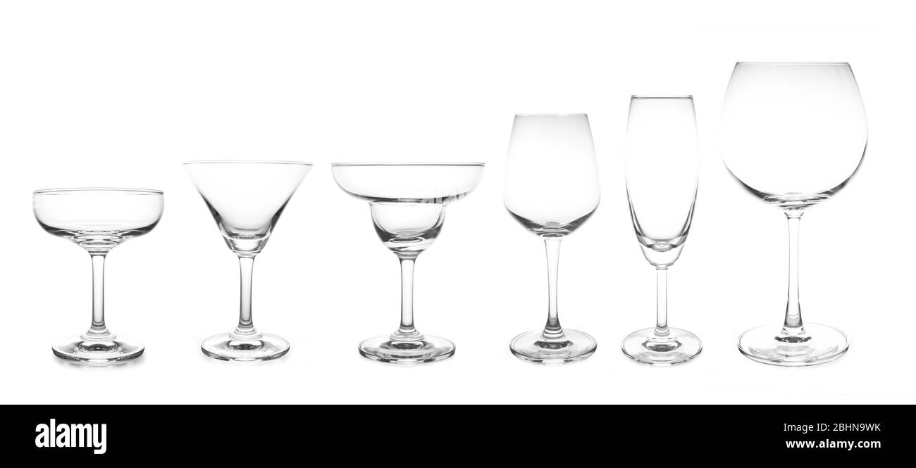 Cocktailglas Sammlung beliebtesten Cocktail-und Weingläser isoliert auf weißem Hintergrund Stockfoto