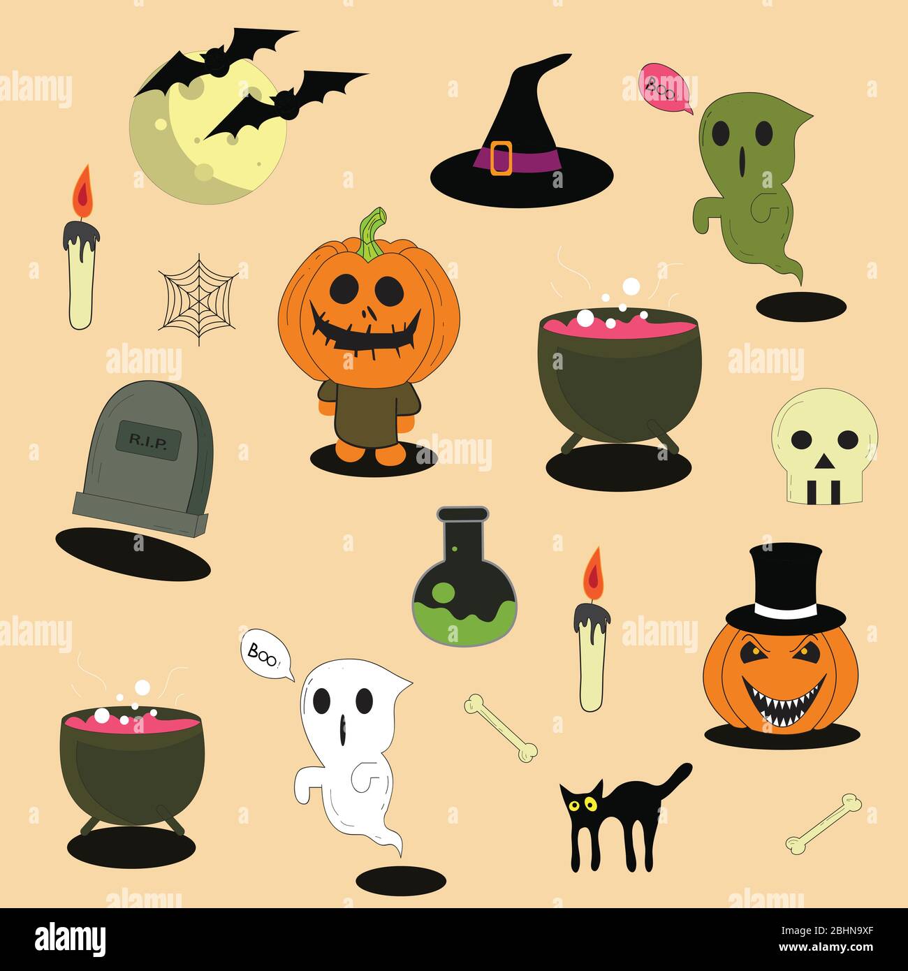 vektor-Set mit Halloween-Illustrationen und Icons, Kürbis, Jack o' Laterne, Hexe, Fledermaus, Totenkopf, Geist, schwarze Katze Stock Vektor