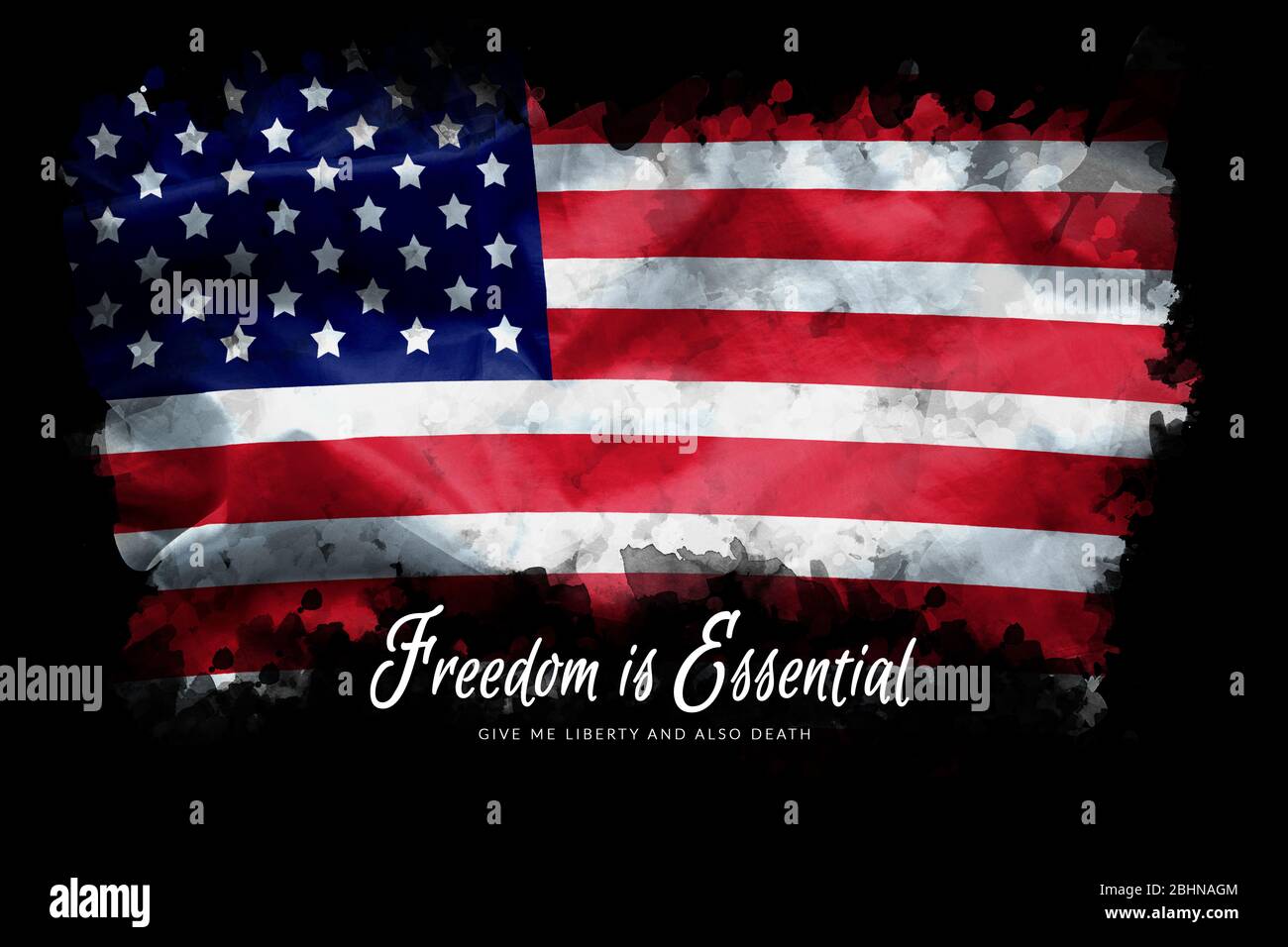 US Anti-Lockdown Protest Konzept. Text "Freiheit ist wichtig, gib mir Freiheit und auch Tod" auf Amerika Flagge Hintergrund, Grunge Stil Stockfoto