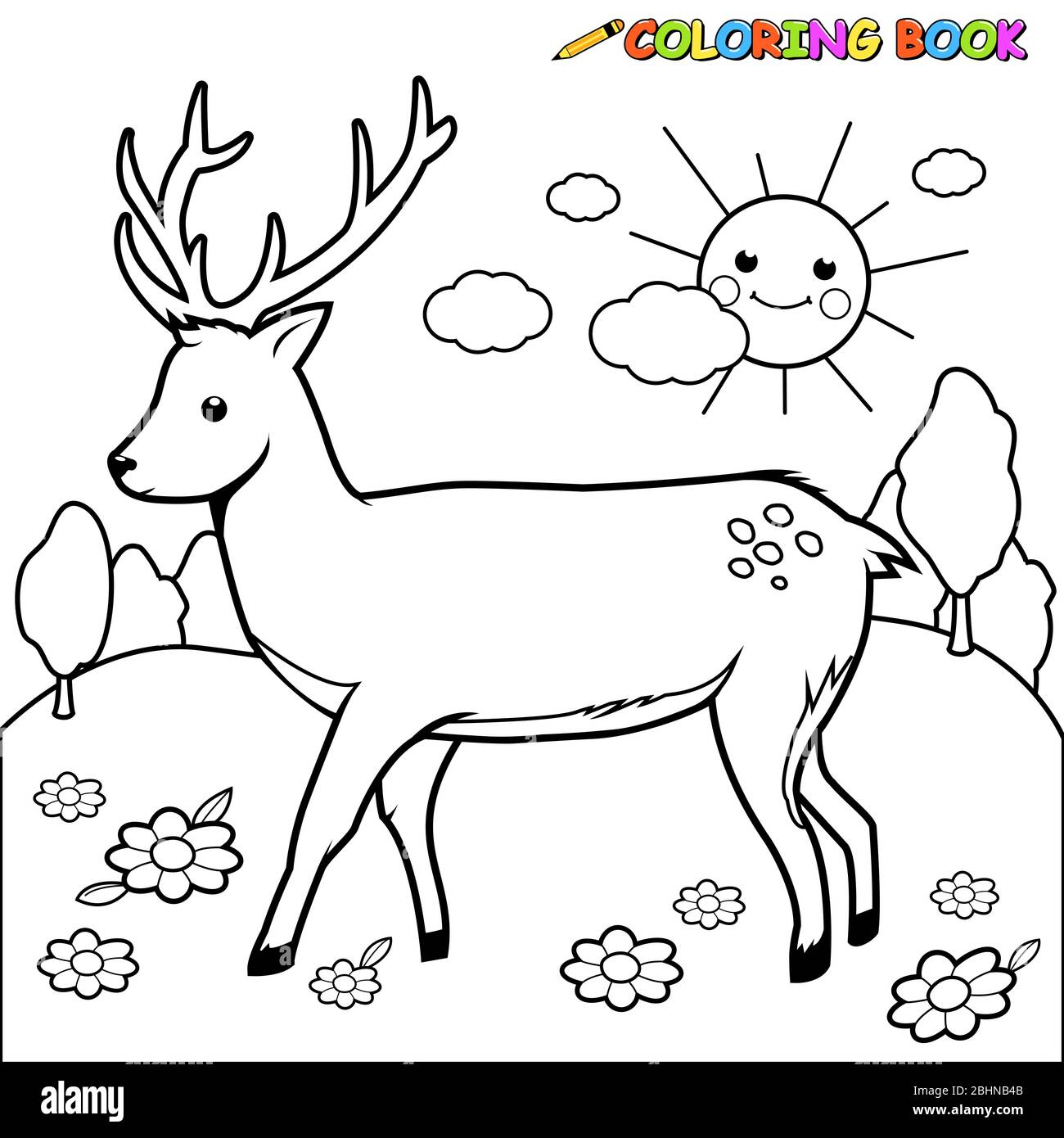 Hirsche in der Natur. Cartoon-Kitztier im Wald. Schwarzweiß-Ausmalseite Stockfoto